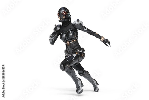 Fototapeta Sci-fi female cyborg wears shiny black grey metallic armor suit, helmet with red glowing lens goggles, high heels in dynamic running pose. Concept art futuristic soldier. 3d render on white background