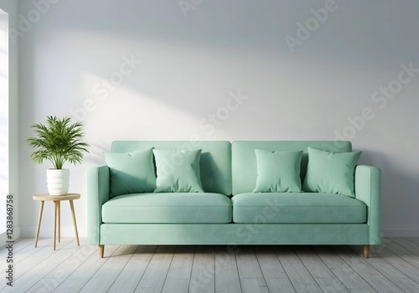 Fototapeta Elegant Mint Green Sofa in a Minimalist Living Room with Natural Light