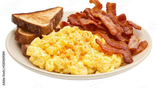 Obraz A plate of fluffy scrambled eggs with crispy bacon and buttered toast 