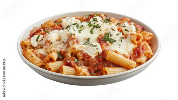 Obraz A serving of baked ziti layered with ricotta, mozzarella, and marinara sauce