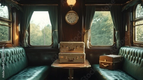 Fototapeta A beautifully restored 1920s train compartment, deep green leather seats, a wooden folding table, vintage suitcases stacked near the door, and soft golden light reflecting off brass fixtures. Classic,