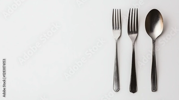 Fototapeta Silver Forks and Spoon Arranged Neatly on White Background for Kitchen and Dining Decor