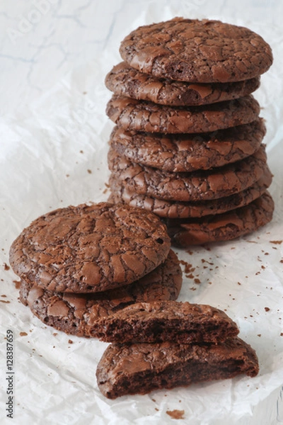 Obraz Fudge brownie cookies stack on parchment