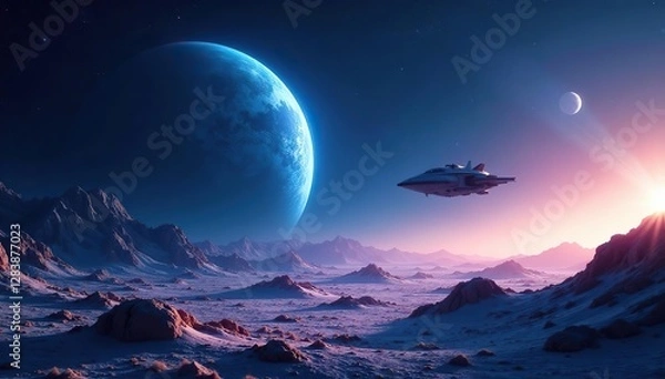 Obraz Blue planet in the distance with spaceship approaching, cosmic landscape, distant planet, spaceship