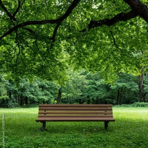 Fototapeta Solitary Bench Under Large Oak Tree in Serene Natural Setting