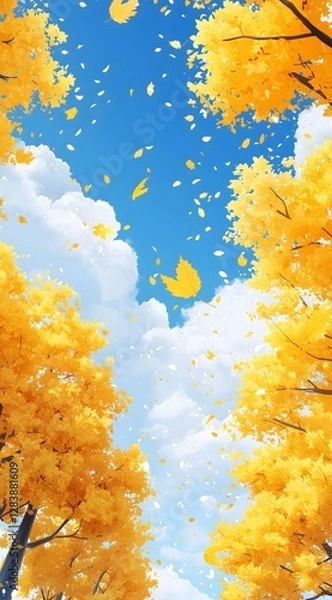 Fototapeta Autumn trees with falling leaves and blue sky