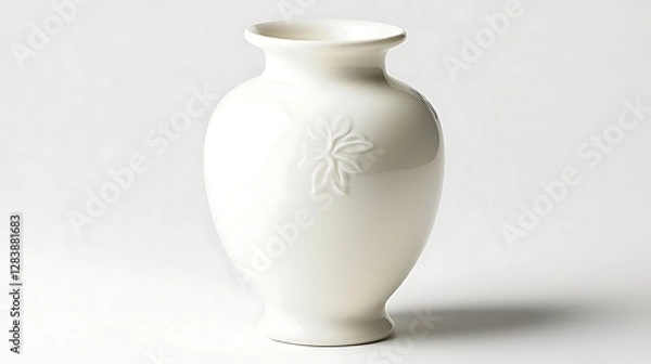 Fototapeta Elegant white ceramic vase with floral design against a soft gray background for home decor and styling