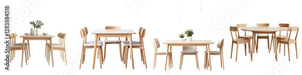 Fototapeta Arrangement of various minimalist wooden dining tables and chairs in a modern clean and cozy residential interior design  The furniture set creates a harmonious and inviting living or workspace