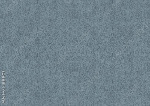 Fototapeta Hand-drawn unique abstract symmetrical seamless ornament. Dark blue on a light blue background. Paper texture. Digital artwork, A4. (pattern: p13-2c)