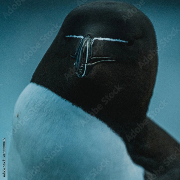 Fototapeta Close-up portrait of a razorbill (Alca torda) in Látrabjarg, West Iceland, highlighting its distinct black-and-white plumage and patterned beak