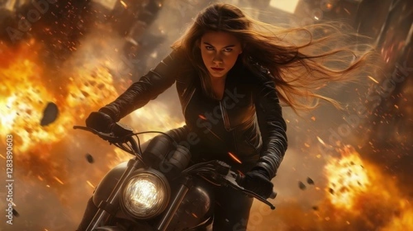 Fototapeta Action shot with woman on the bike riding away from fire and explosion. Dynamic scene in action movie blockbuster style.