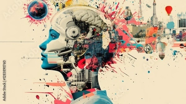Fototapeta Conceptual artwork showing a futuristic mind with city elements