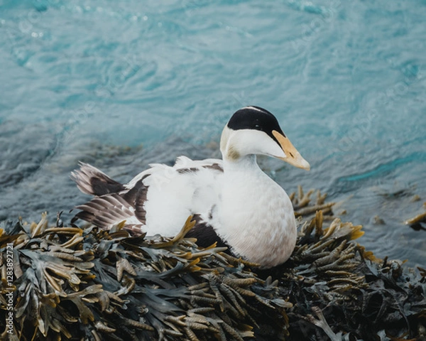 Fototapeta Male eider duck resting on seaweed-covered rocks in Ytri Tunga, Snaefellsnes, West Iceland...