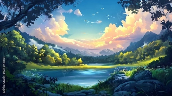 Fototapeta An artistic landscape of a forest by the river under a blue sky