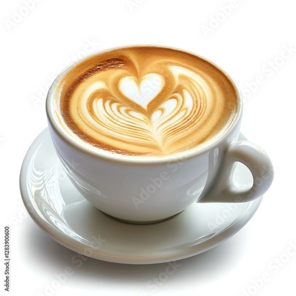 Fototapeta A beautifully crafted latte with heart-shaped foam art in a white cup on a saucer, evoking warmth and comfort.