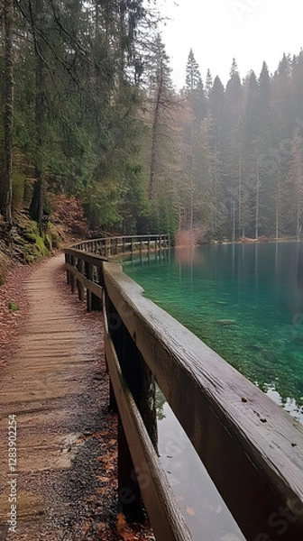 Fototapeta A path leading to the shore of an emerald lake

