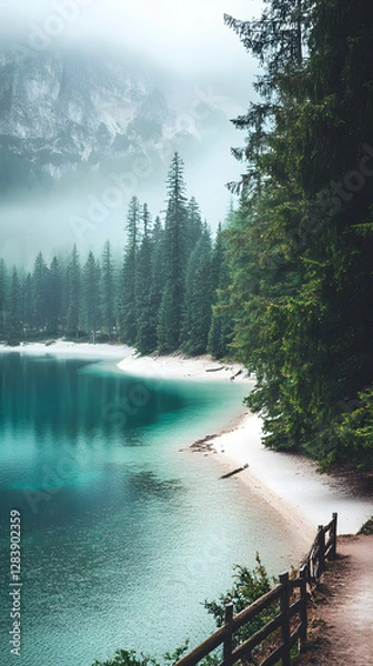 Fototapeta A path leading to the shore of an emerald lake

