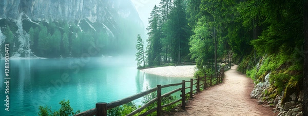 Fototapeta A path leading to the shore of an emerald lake
