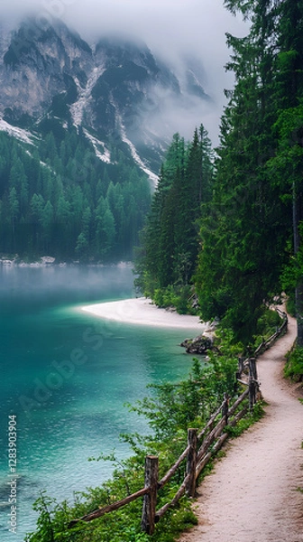 Fototapeta A path leading to the shore of an emerald lake
