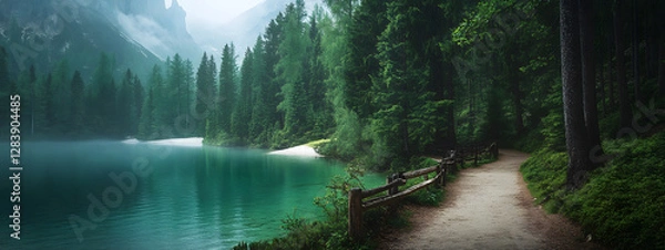 Fototapeta A path leading to the shore of an emerald lake
