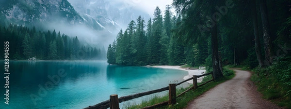 Fototapeta A path leading to the shore of an emerald lake
