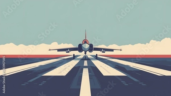 Fototapeta Retro airplane landing on runway, vintage style illustration with pastel colors, aviation theme, perfect for travel design.