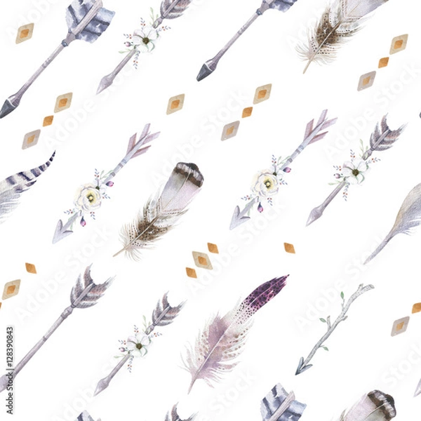 Fototapeta Watercolor boho seamless pattern with teepee, arrows and feather