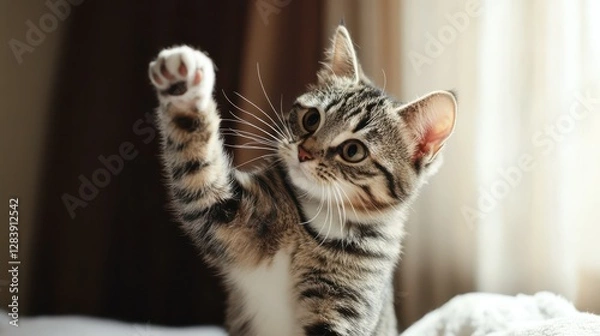 Fototapeta Playful tabby kitten reaching up with paw in sunlit room