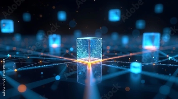 Fototapeta Abstract visuals of blockchain technology in business, featuring interconnected digital blocks and data nodes in a digital security features