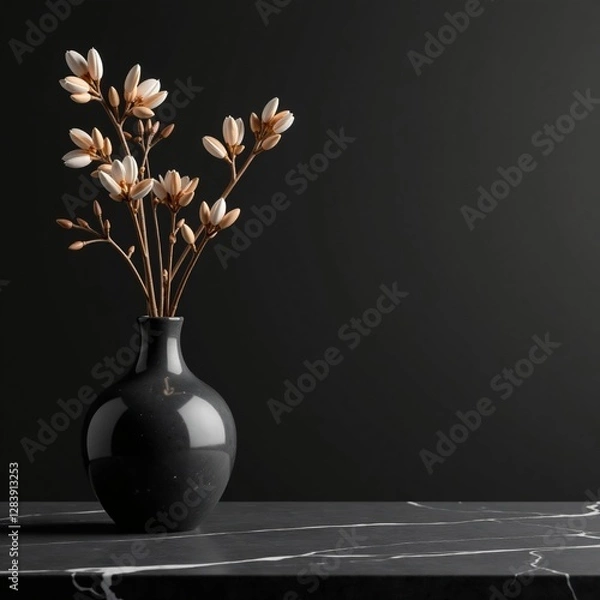 Obraz Sleek countertop with empty marble vase, black table on dark background, modern, countertop