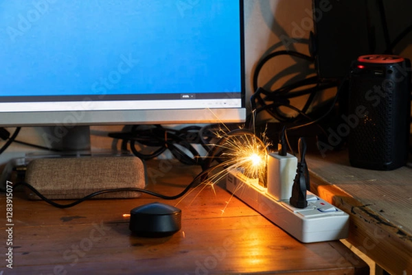 Fototapeta electric plug sparks Caused by short circuit The concept of danger, the use of non-standard equipment worn-out equipment
