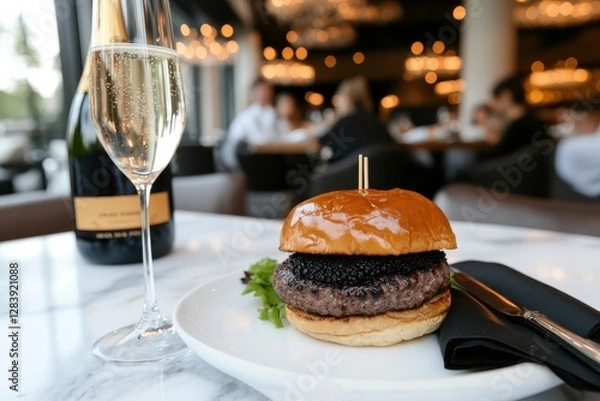 Fototapeta A gourmet burger on a pristine table setting, accompanied by sparkling wine in a chic restaurant, reflecting trends in upscale casual dining.