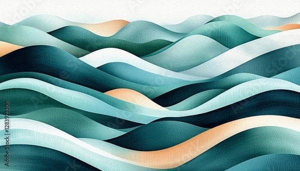 Fototapeta Abstract illustration featuring hills, green fields, and water waves.