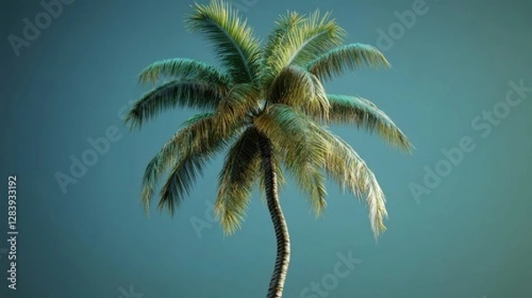 Fototapeta Lush tropical palm tree against clear blue sky