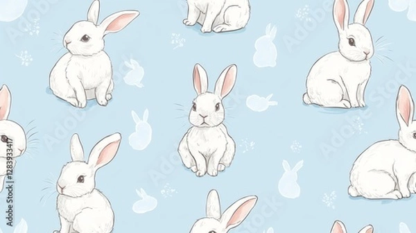 Fototapeta Cute bunnies in a repeating pattern. Drawn by hand and made into a vector. 