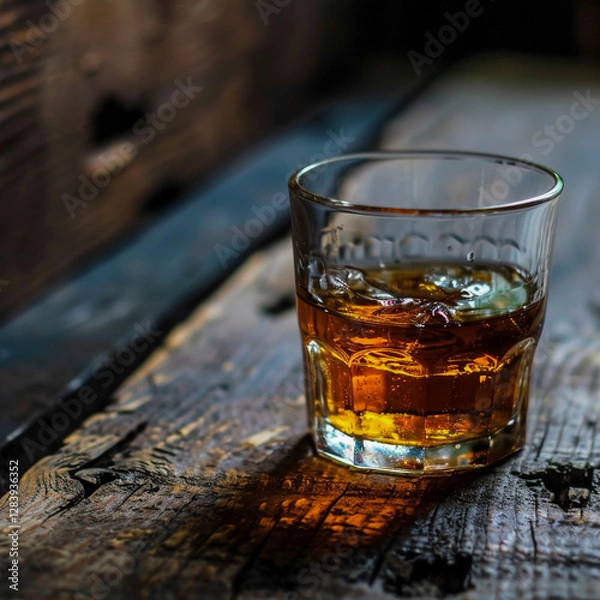 Fototapeta A close up shot of a glass filled with amber colored whiskey ice cubes and a subtle reflection on a rustic wooden table  This cozy and comforting scene evokes a sense of relaxation and luxury