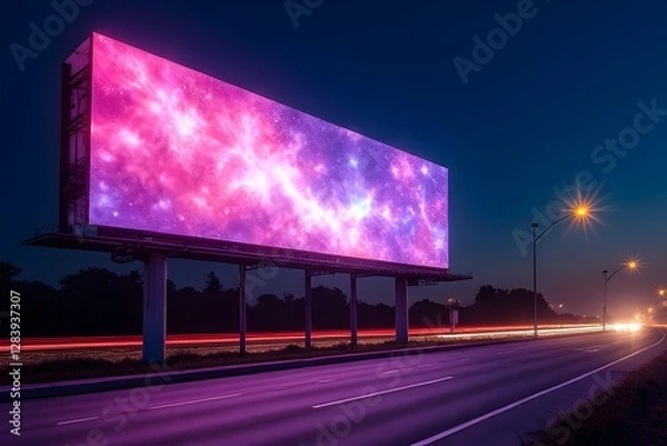 Fototapeta Vibrant Nighttime Billboard Displaying Cosmic Design on Highway