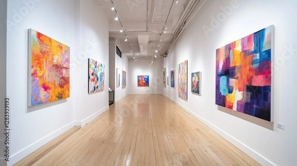 Fototapeta Art exhibition featuring colorful abstract paintings modern gallery visual art indoor space wide angle creative expression