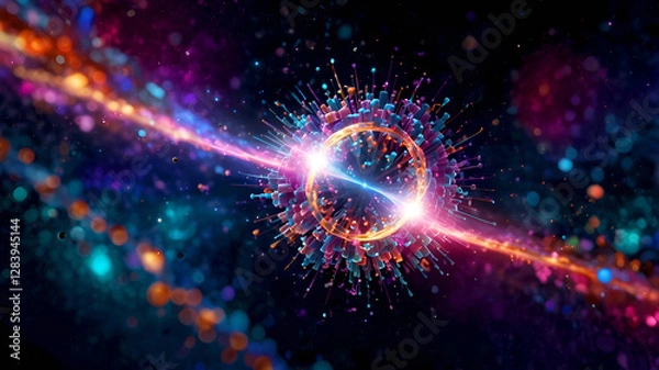 Obraz Atom illustration. Macro view of an atom with glowing energy effects. Dynamic light trails and vibrant colors create a futuristic and scientific aesthetic.