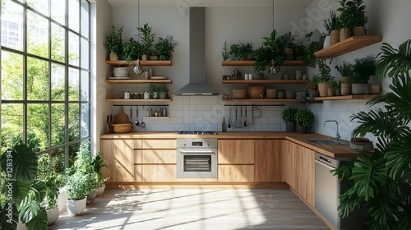 Fototapeta Bright and airy loft-style tiny kitchen, warm wood tones, clean interiors, isometric rendering, stylish accents, white background, high resolution