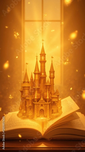 Fototapeta magical castle emerging from open book, glowing with golden light