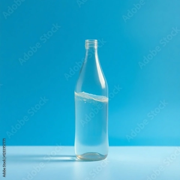 Fototapeta High-resolution stock photo  A minimalist photograph of a single, transparent glass water bottle.  Gentle waves ripple on the water's surface, set against a calm, solid blue background