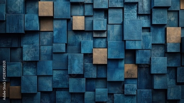 Fototapeta Unique wall design composed of alternating blue and brown squares creating a striking visual feature