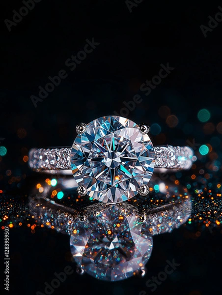 Fototapeta Sparkling Solitaire: A dazzling diamond ring takes center stage, its brilliance intensified against a dark, reflective surface.