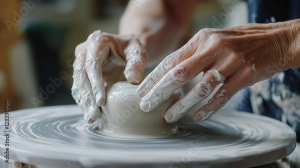 Fototapeta Close-Up of Hands Shaping Clay During Pottery Crafting