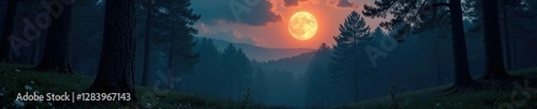 Fototapeta Dark forest awakens to supermoon's gentle beam, shadowy, forest, supermoon