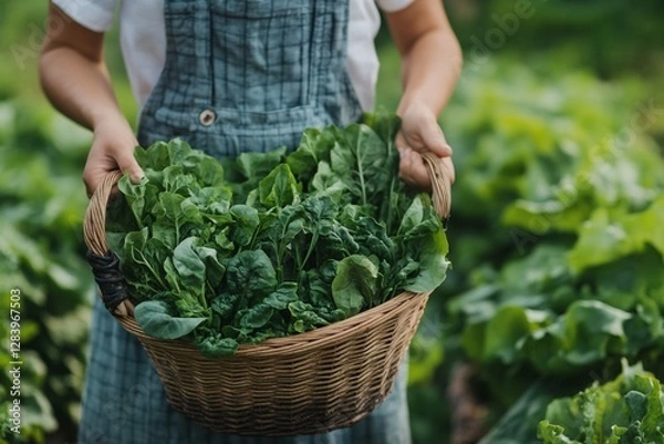 Fototapeta A standing woman holds a basket full of fresh lettuce. Plants on the background. Harvest scene for organic food, farming, and healthy eating themes