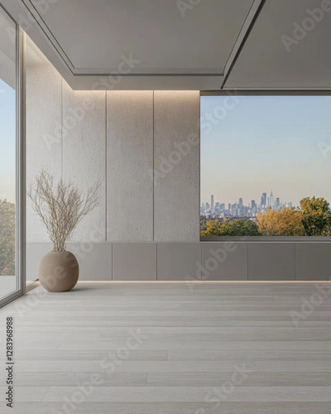 Fototapeta Modern interior design with large window showcasing city skyline at dusk