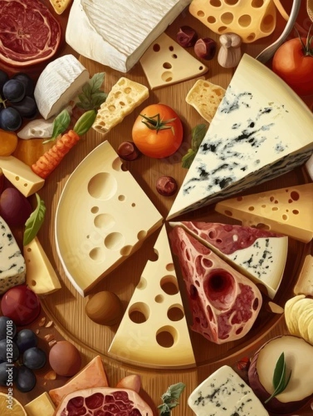 Obraz An assortment of cheese wedges and wheels in flat vector style, arranged in a circular composition with subtle gradients for depth
