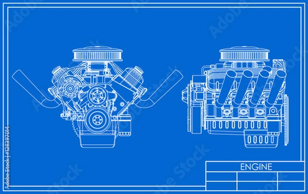 Fototapeta Hot rod V8 Engine drawing
